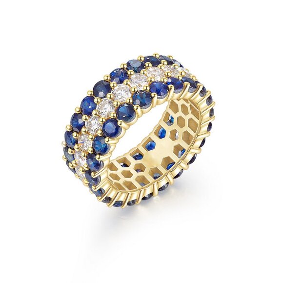 Blue Sapphire 14K (or 18k upon request) Yellow Gold Diamond Eternity Band Ring - Picture 6 of 6